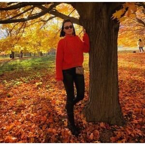 Free People Sweetheart Love Glare Orange Cable Knit Mock Neck Sweater Size Med.